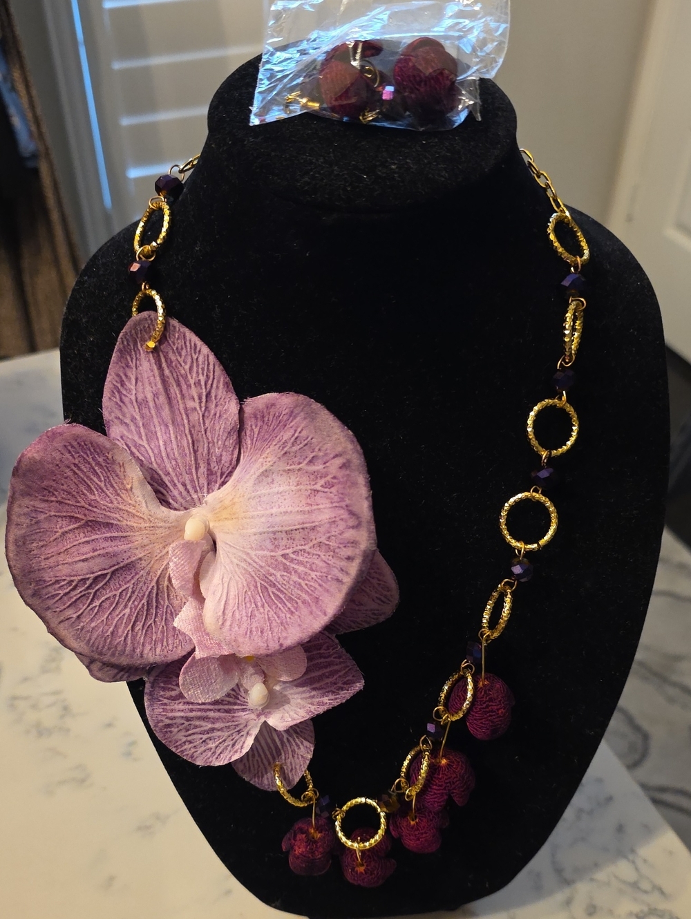 Statement Purple Orchid Necklace with Gold Rings